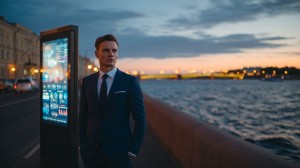 Фотореалистичное изображение современного тренда цифровизации в Санкт-Петербурге: молодой профессионал в деловой одежде стоит у блестящего ч