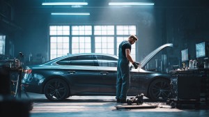 Фотореалистичное изображение в общем плане с ракурсом сбоку на уровне глаз, показывающее профессионального специалиста по автомобильной диаг